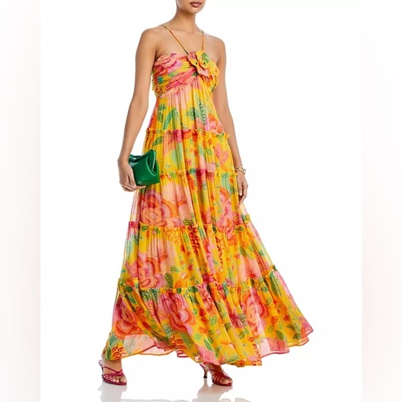 FARM Rio Macaw Bloom Gold and Pink Ruffled Tiered Maxi Dress Size M - Picture 5 of 16